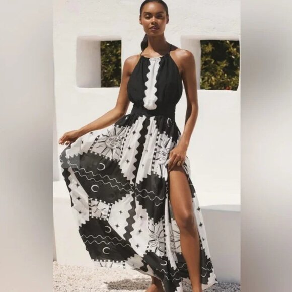 Anthropologie 1X Sol Soleil Sun Tigre Indigo Halter Maxi Dress Black White NWT - Picture 6 of 10